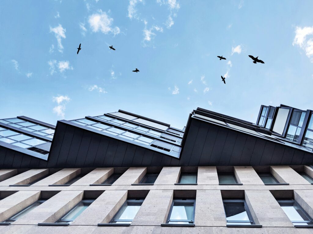 Façade d'immeuble de bureaux vue en contre-plongée, ciel bleu et oiseaux en vol — taux de référence des crédits mars 2026