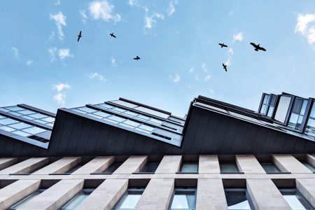 Façade d'immeuble de bureaux vue en contre-plongée, ciel bleu et oiseaux en vol — taux de référence des crédits mars 2026